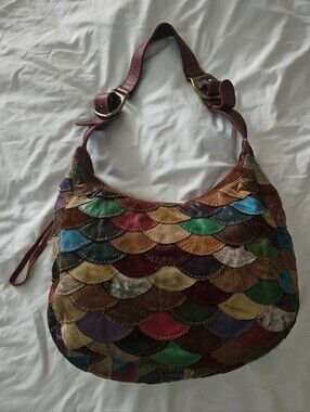 Vintage Lucky Brand Y2K Multicolor Scalloped Leather Suede Hobo Bag